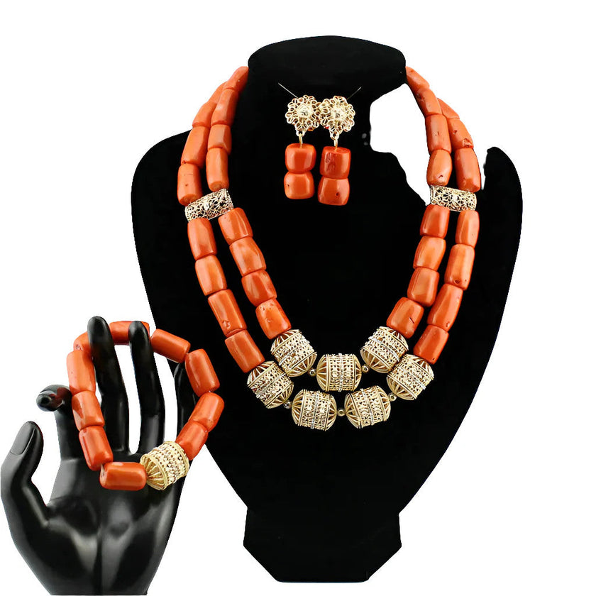 Nigerian Coral Jewellery Set | Necklace, Earrings & Bracelet | African Beads | Wedding