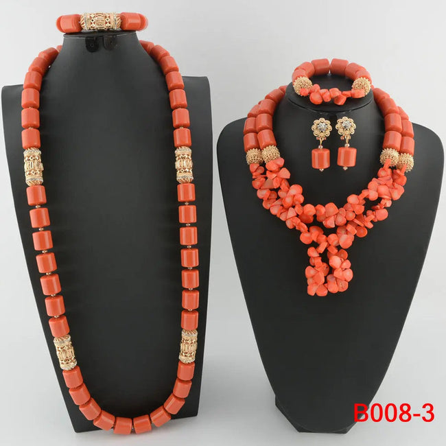 Nigerian Bridal Coral Jewellery Set | Crystal Pillar Beads | Necklace, Earrings & Bracelet