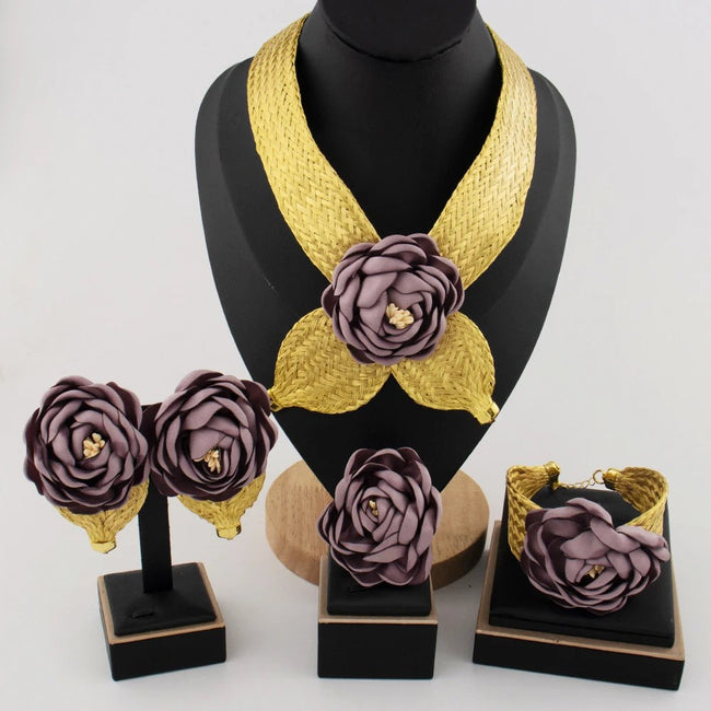 2025 Neuer hochwertiger afrikanischer großer violetter Blumenanhänger Damenschmuckset Dubai