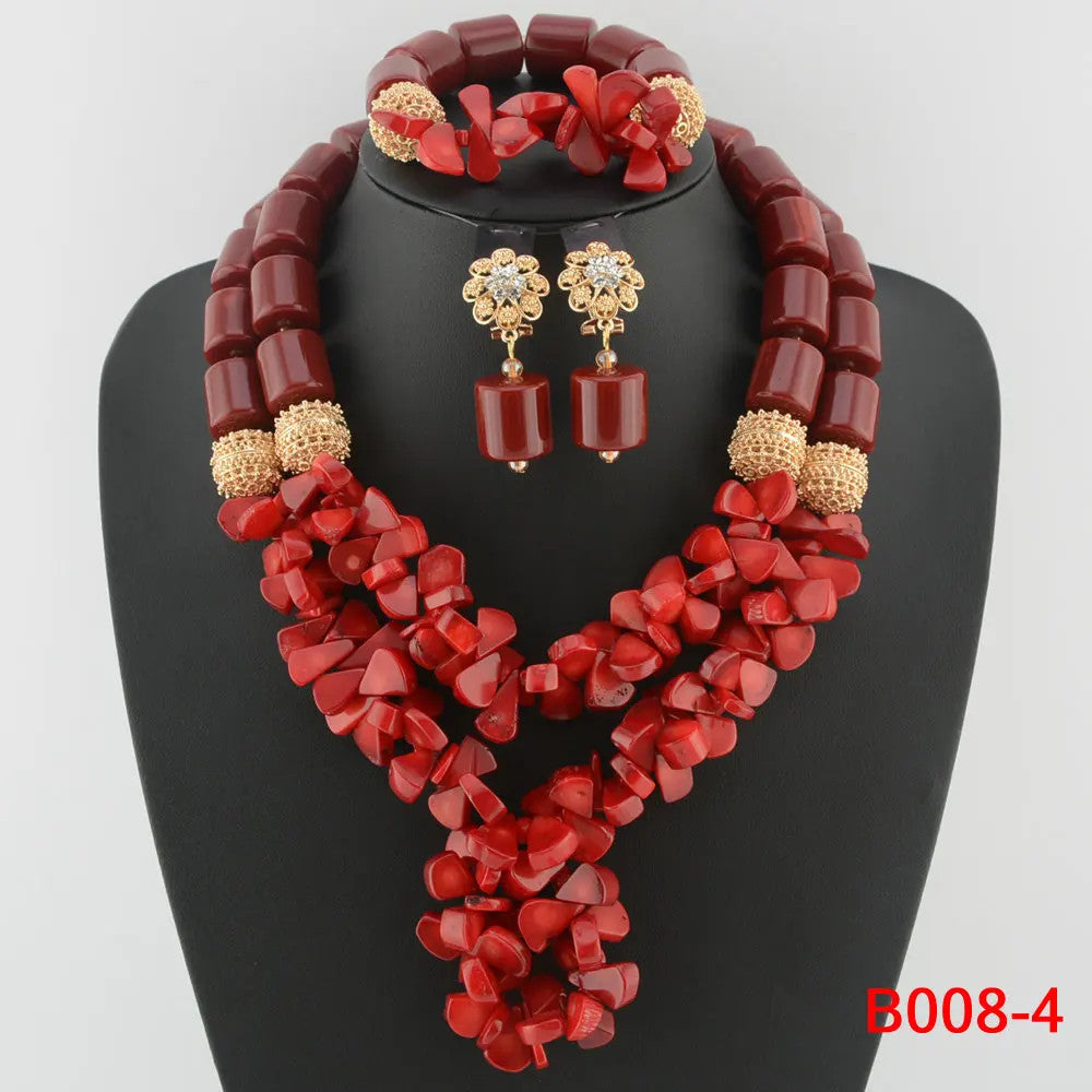 Nigerian Bridal Coral Jewellery Set | Crystal Pillar Beads | Necklace, Earrings & Bracelet