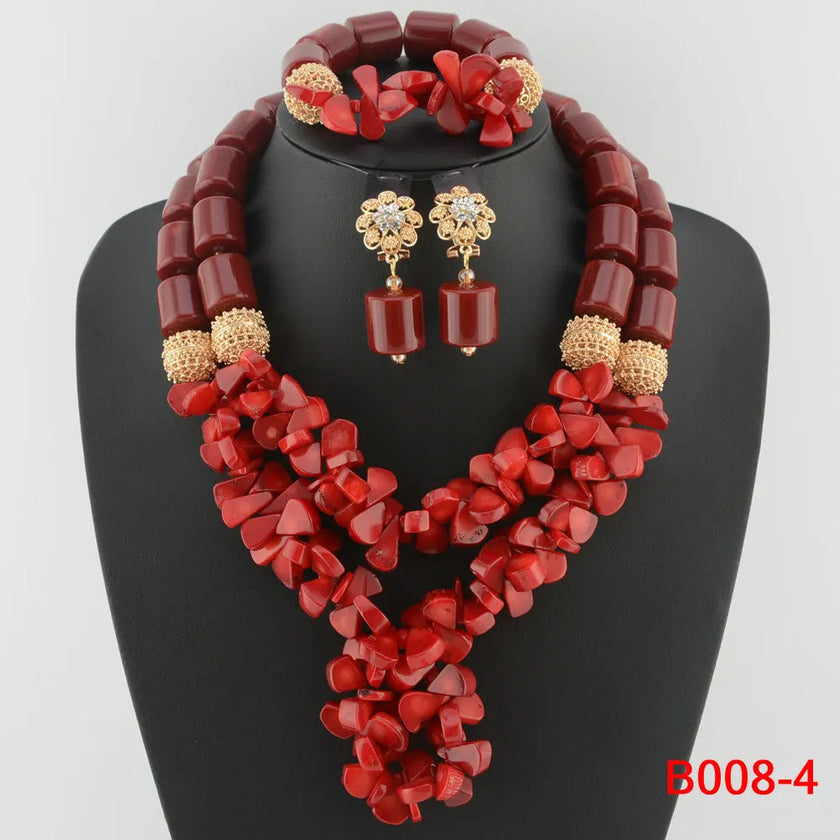 Nigerian Bridal Coral Jewellery Set | Crystal Pillar Beads | Necklace, Earrings & Bracelet