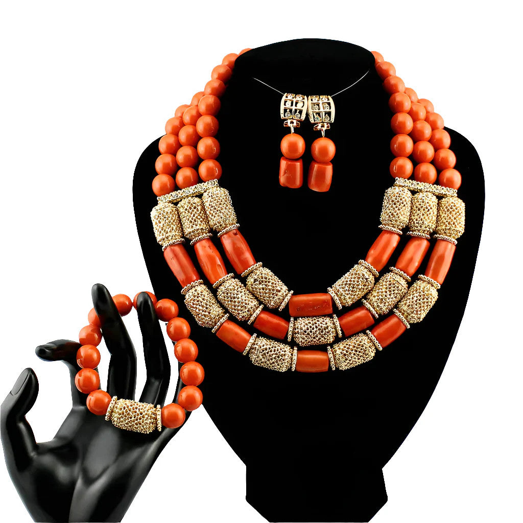 Nigerian Coral Jewellery Set | Necklace, Earrings & Bracelet | African Beads | Wedding