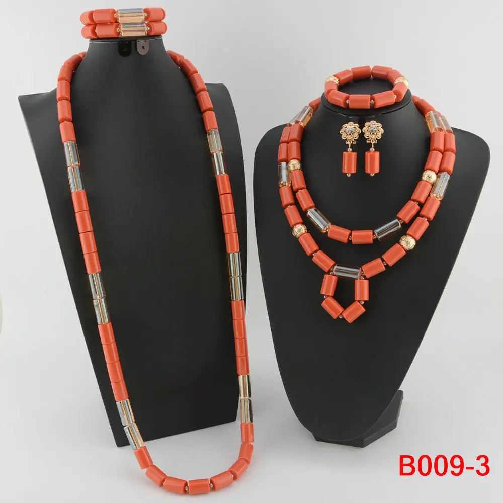 Nigerian Bridal Coral Jewellery Set | Crystal Pillar Beads | Necklace, Earrings & Bracelet