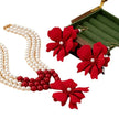 Necklace Big Red Flowers Pendant 3 Layers of Pearl Chain Women Girls Gifts