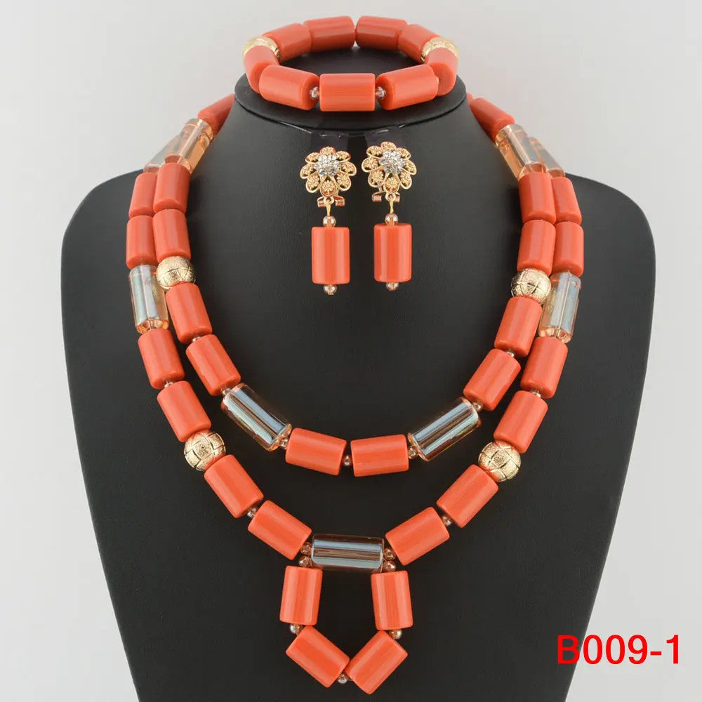 Nigerian Bridal Coral Jewellery Set | Crystal Pillar Beads | Necklace, Earrings & Bracelet
