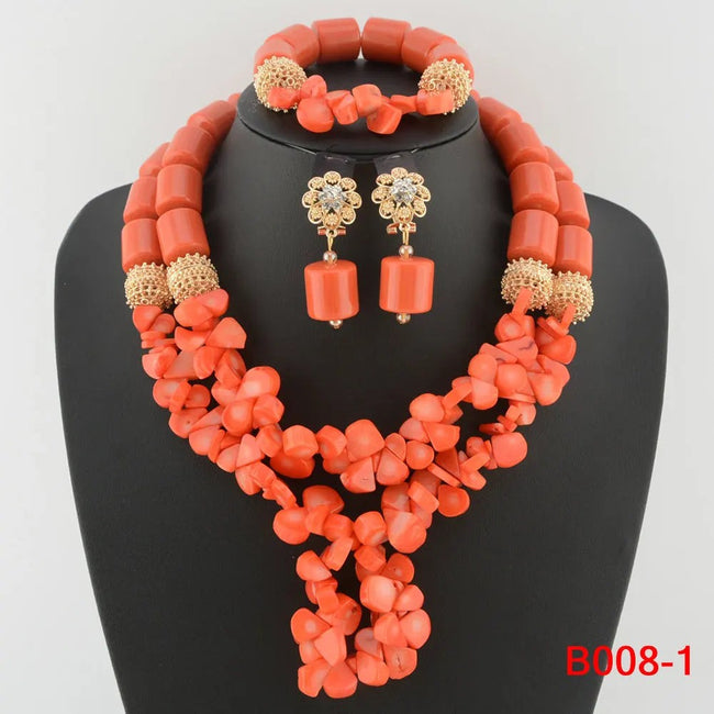 Nigerian Bridal Coral Jewellery Set | Crystal Pillar Beads | Necklace, Earrings & Bracelet