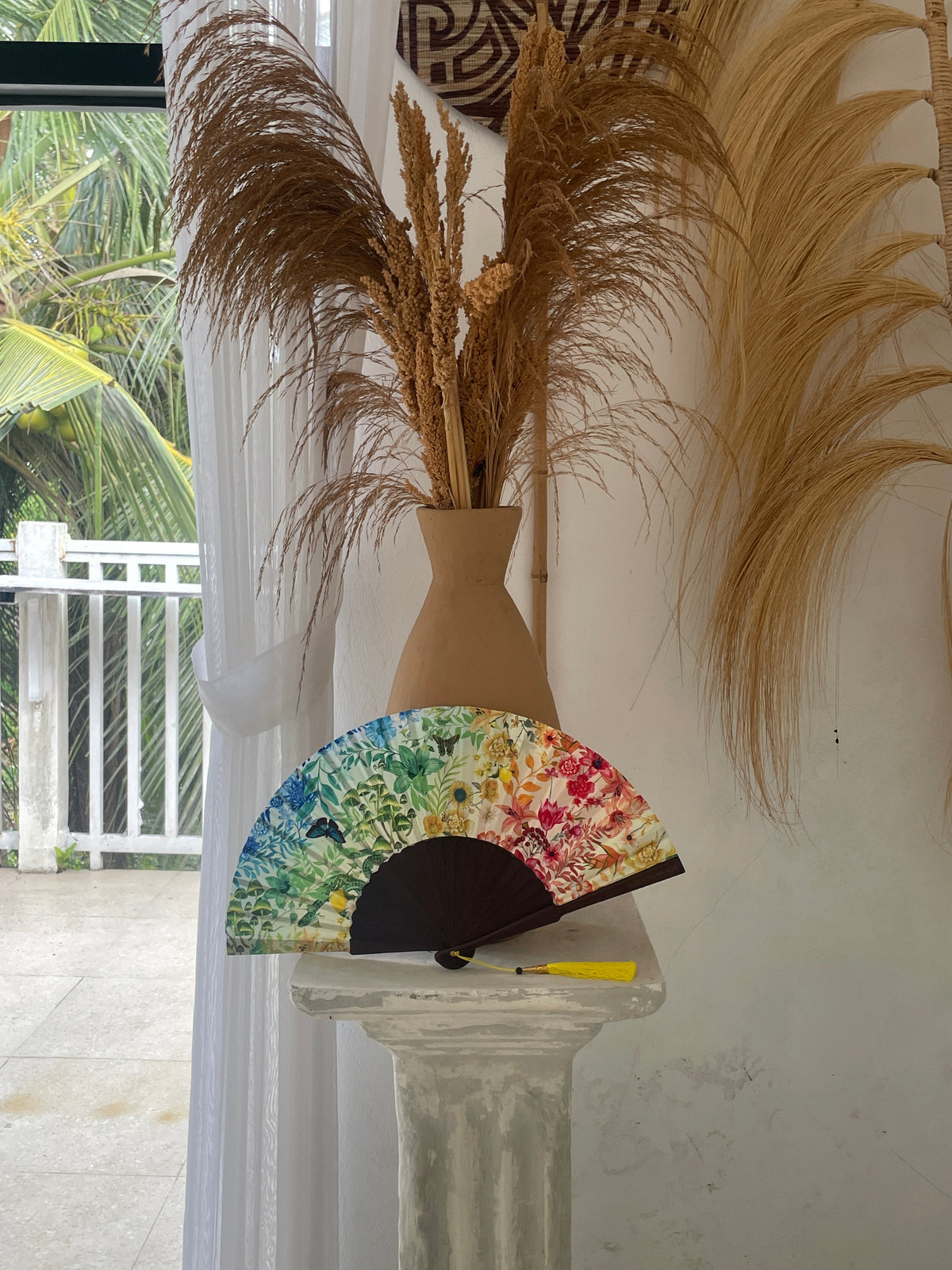 Colourful Silk folding hand fan 'kaleido-bloom' print with floral & nature filled rainbow design