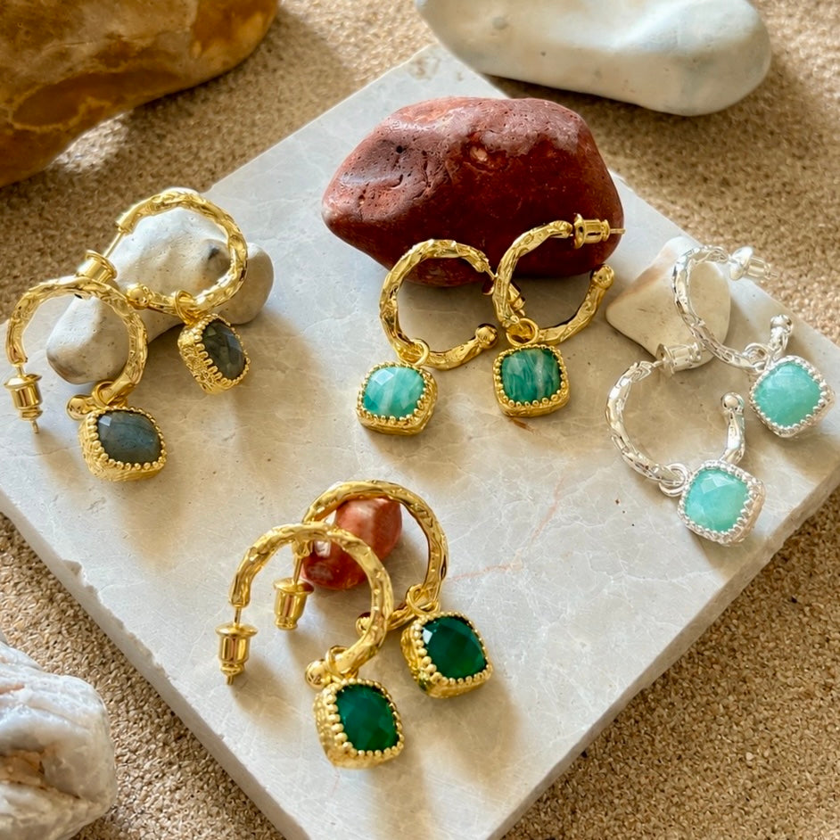Tetra Square Gemstone Charm Hoops with Labradorite