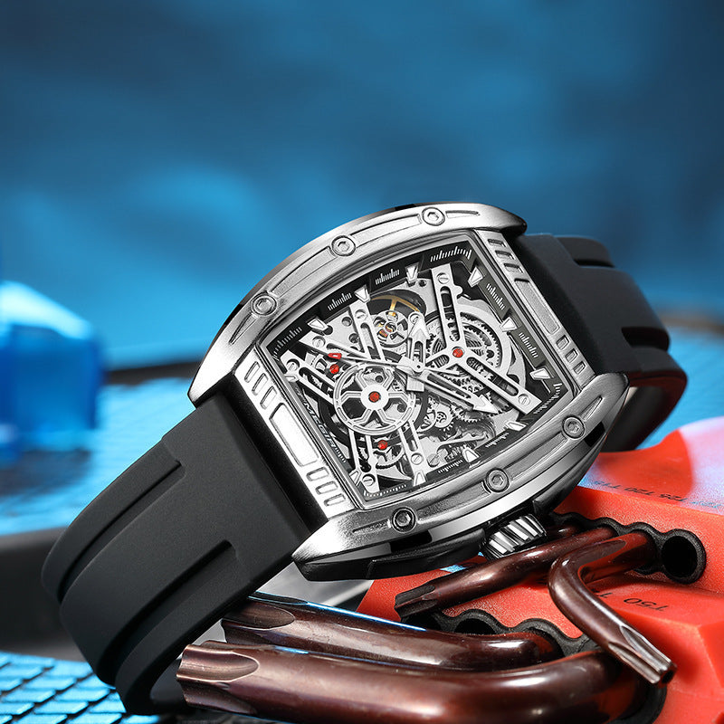 Men's Wine Barrel Type Mechanical Watch Silicone Tape