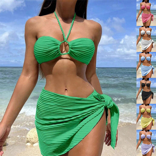 3-teiliger gestreifter Badeanzug in Uni-Farben, sexy Sommer-Strand-Bikini-Set für Damen