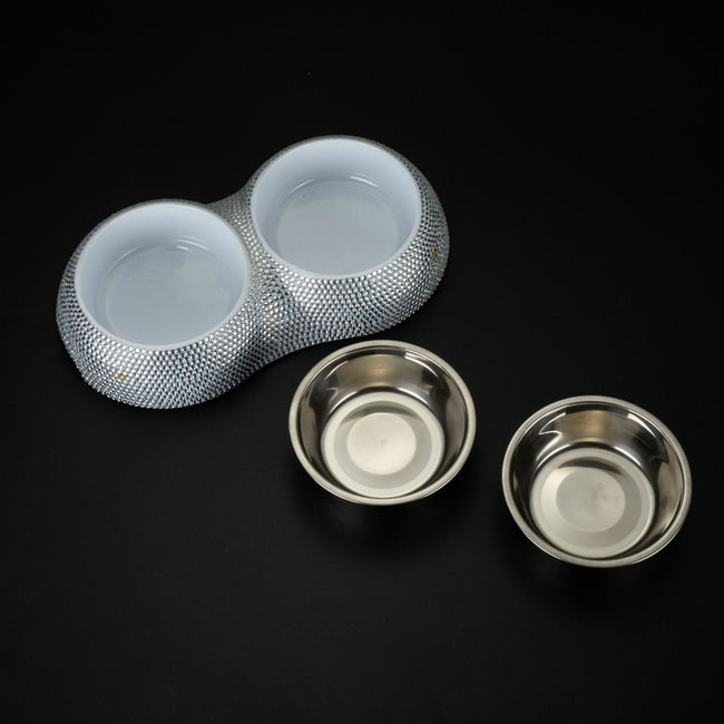 Diamond-studded Stainless Steel Double Dog Bowl