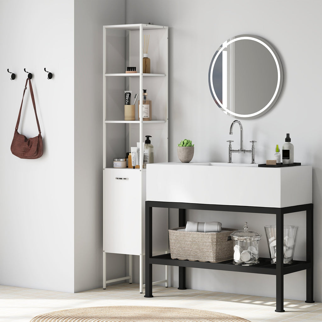 HOMCOM Tall Bathroom Cabinet with Open Shelves and Adjustable Shelf - White