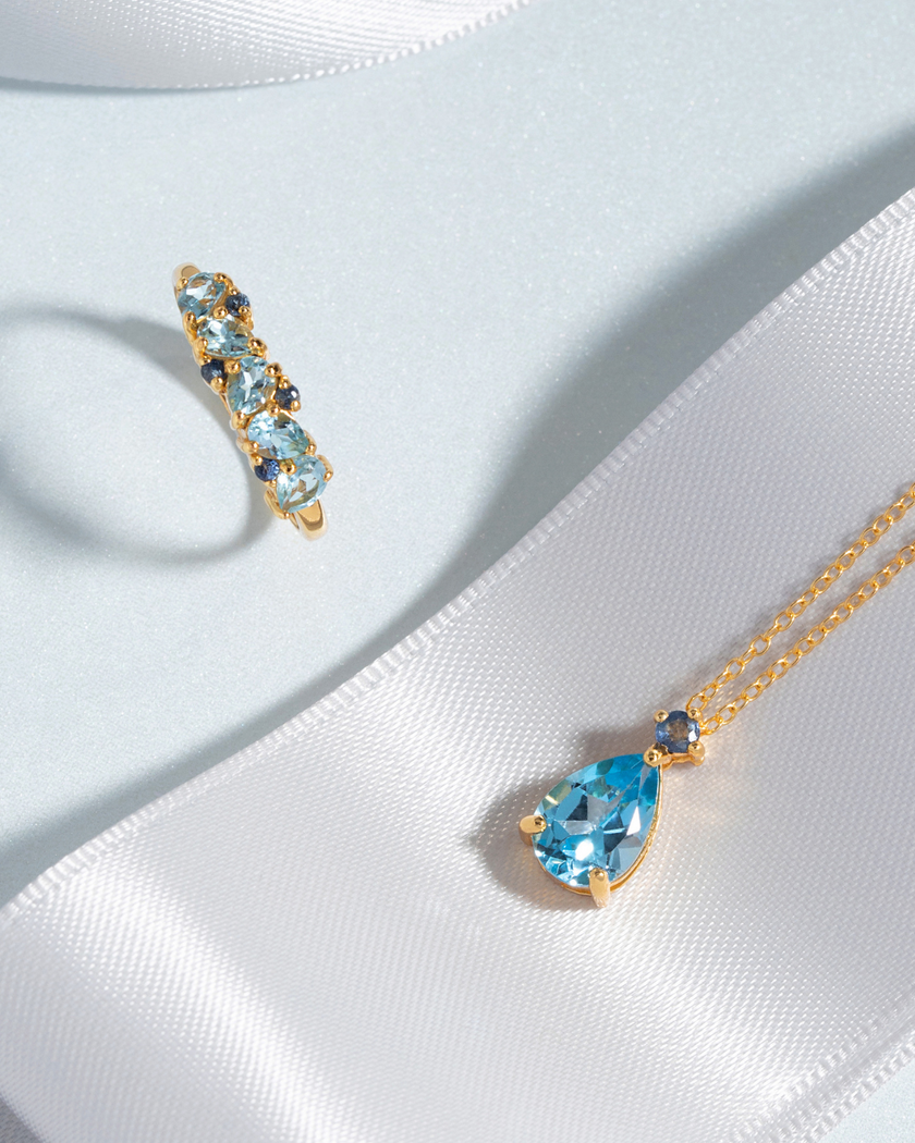Birne-geschliffene Anhängerhalskette mit blauem Saphir & blauem Topas in 18 Karat Gold Vermeil