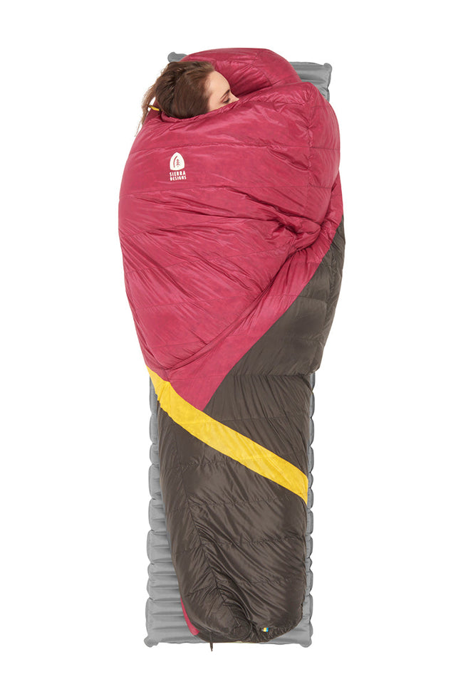 Sierra Designs Damen-Schlafsack Cloud 20°F (-7°C) mit 800-Fill DriDaunen – Regular – Sangria/Gelb/Torf