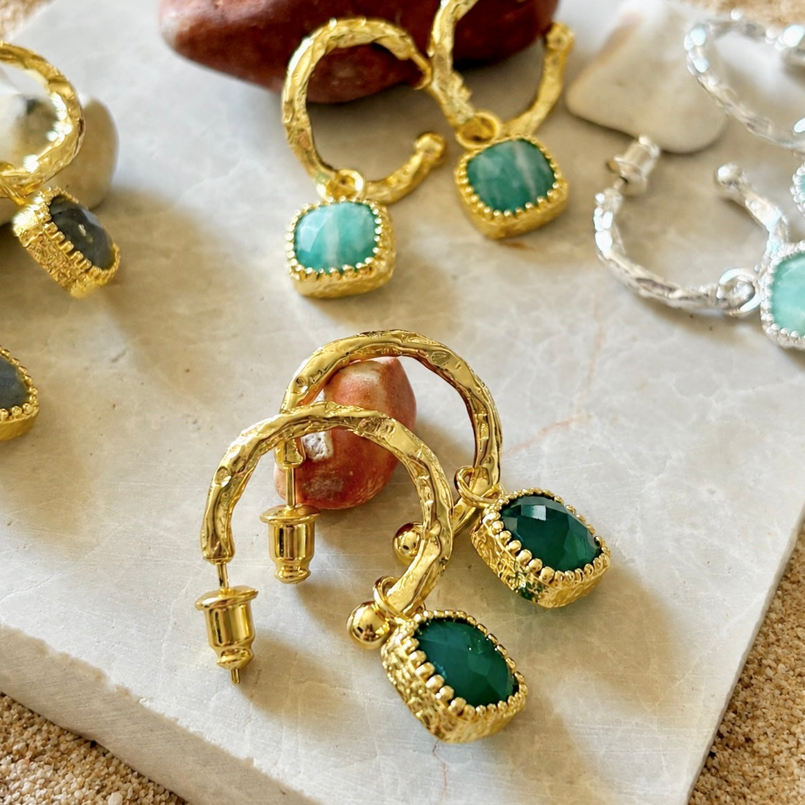 Tetra Square Gemtone Charm Hoops: Green Onyx