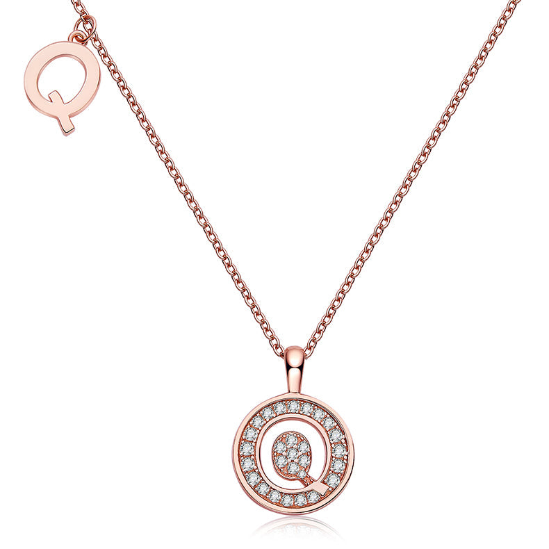 Einer der 26 Buchstaben, Q, besetzt mit hochwertigem Moissanit, luxuriöser und modischer Leichtluxus-Trendschmuck, Silberkette, Anhänger S925 Silber, galvanisiertes Roségold
