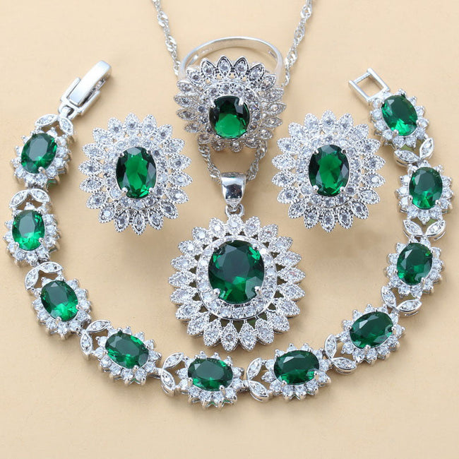 Garnet Cubic Zirconia Earrings Pendant Necklace Bracelet Ring Gift 4 PCs Set