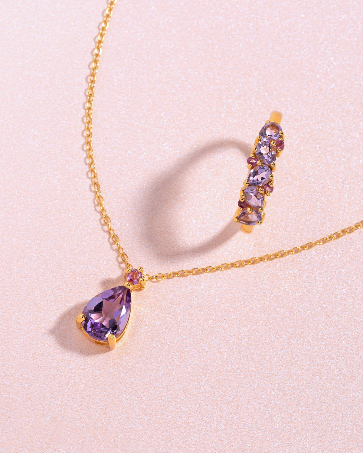 Rosa Rubin- & Amethyst-Anhänger mit Tropfenschliff aus 18k Gold Vermeil