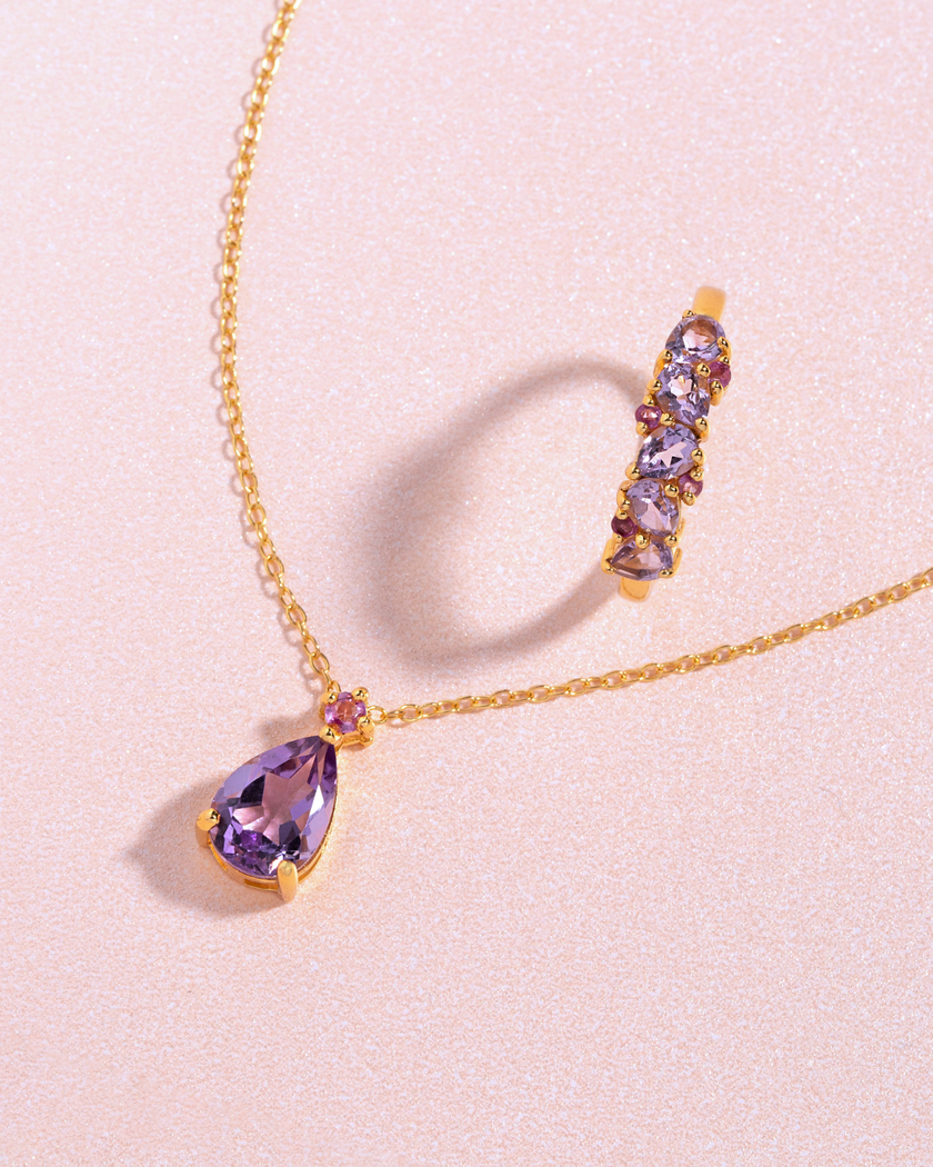 Rosa Rubin- & Amethyst-Anhänger mit Tropfenschliff aus 18k Gold Vermeil