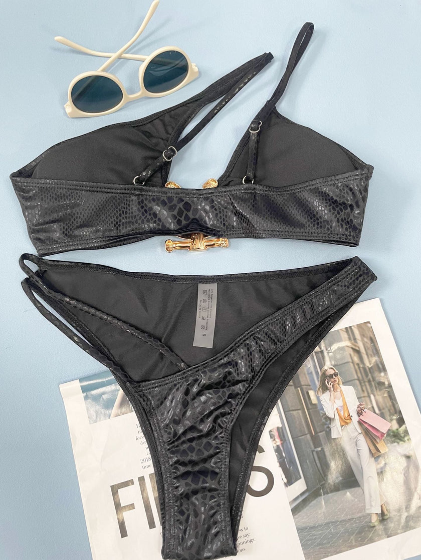 Damen-Bikini mit Schlangenmuster, dreiteiliger, enger Badeanzug