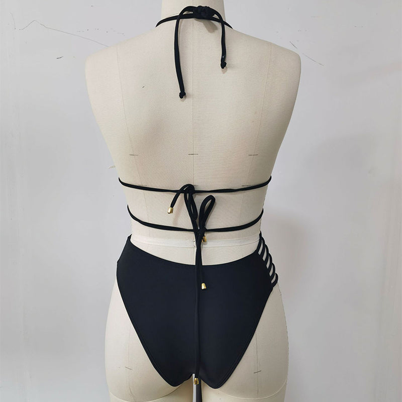Conjunto de bikini de dos piezas con cuello halter, estampado de leopardo, con aberturas y tirantes, para mujer, ideal para la playa en verano