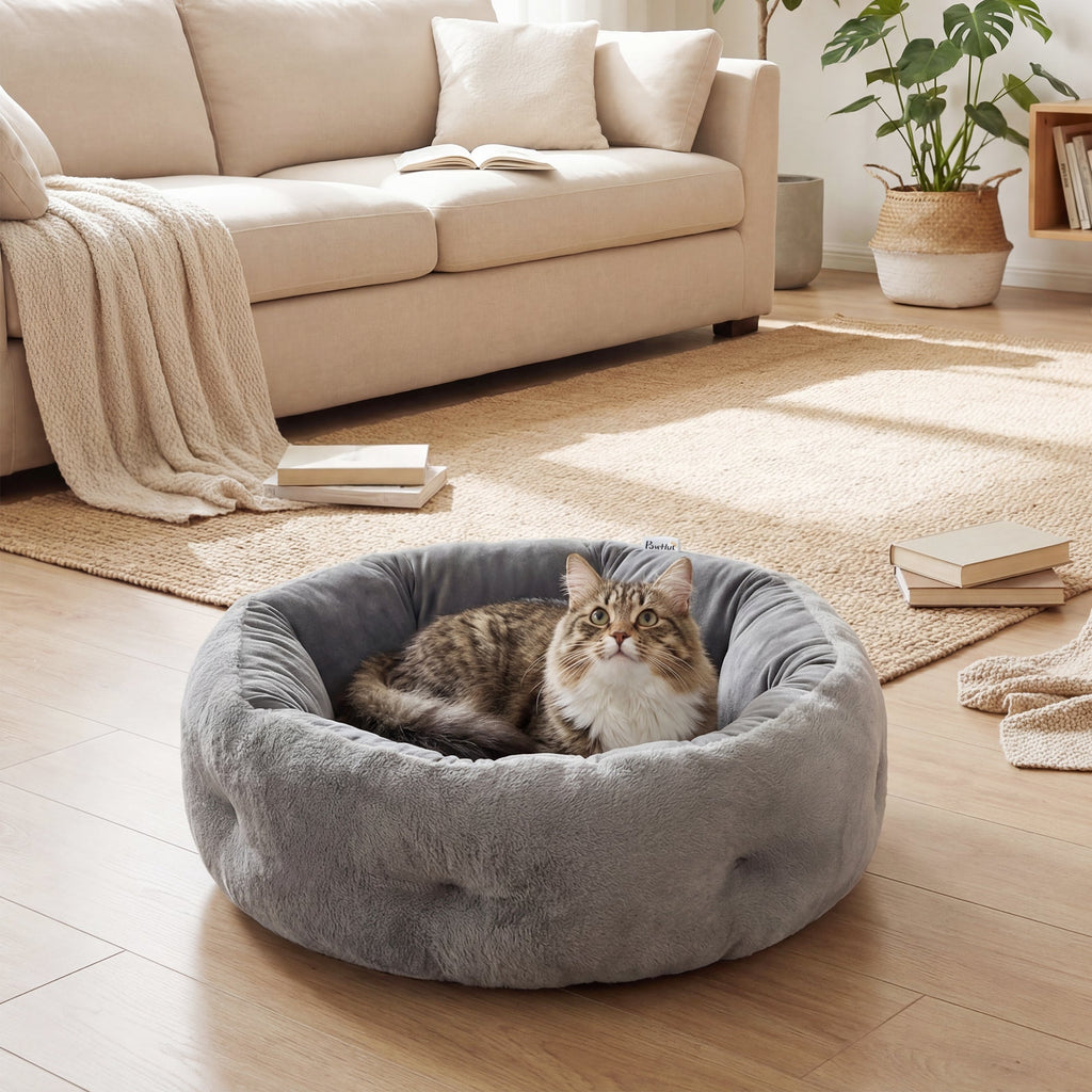 PawHut Cat Bed, Reversible Dog Pet Bed for Indoor Cats and Small Dogs, Round Bed with Supportive Bolster, Dark Grey