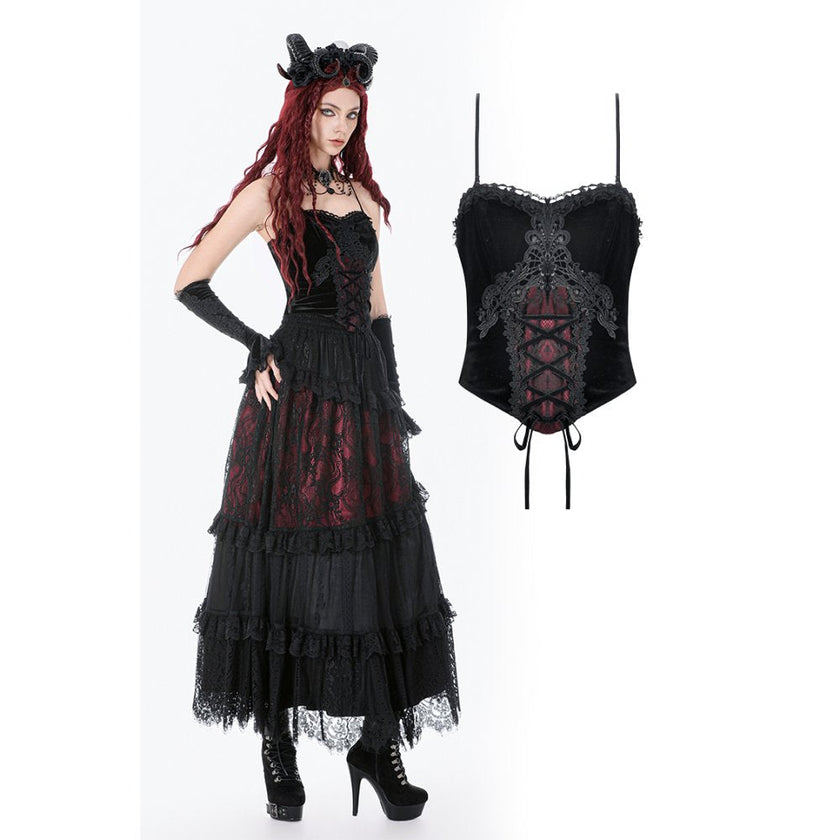 Dark in Love Gothic Black & Red Velvet Lace Corset