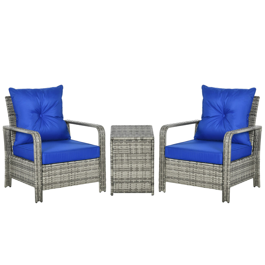 Outsunny 3 Pieces Rattan Bistro Set, Wicker Garden Furniture Set with Storage  Coffee Table and Chairs, Thickened Cushions for Outdoor, Patio, Balcony, Blue