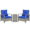 Outsunny 3 Pieces Rattan Bistro Set, Wicker Garden Furniture Set with Storage  Coffee Table and Chairs, Thickened Cushions for Outdoor, Patio, Balcony, Blue