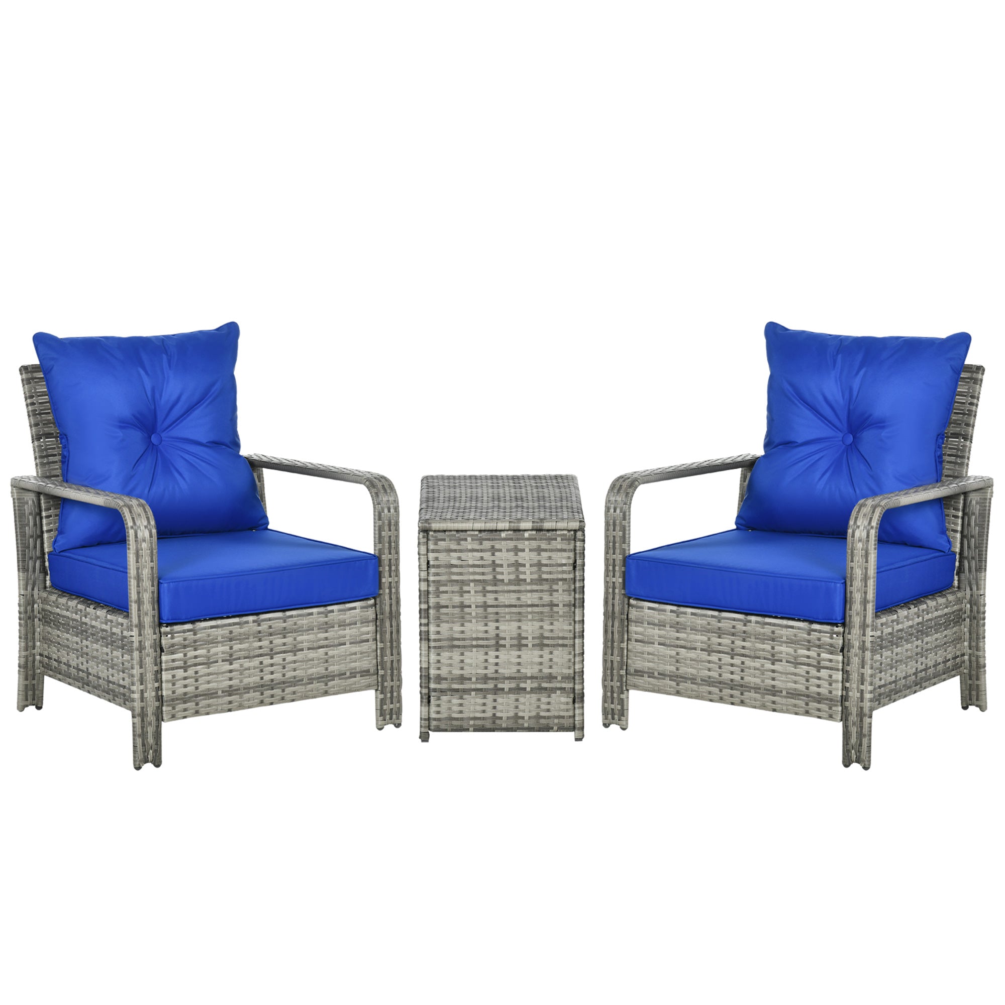 Outsunny 3 Pieces Rattan Bistro Set, Wicker Garden Furniture Set with Storage  Coffee Table and Chairs, Thickened Cushions for Outdoor, Patio, Balcony, Blue
