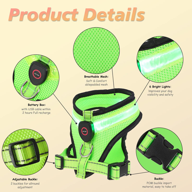 Arnés para perros con luz LED de malla recargable para mascotas