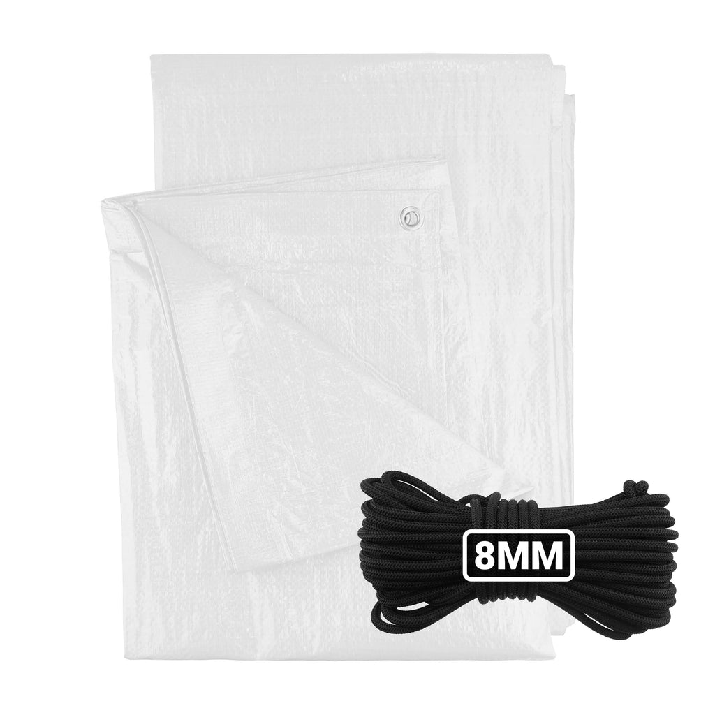 White M-Grade Tarpaulin with 10 Metres of 8mm Bungee Rope