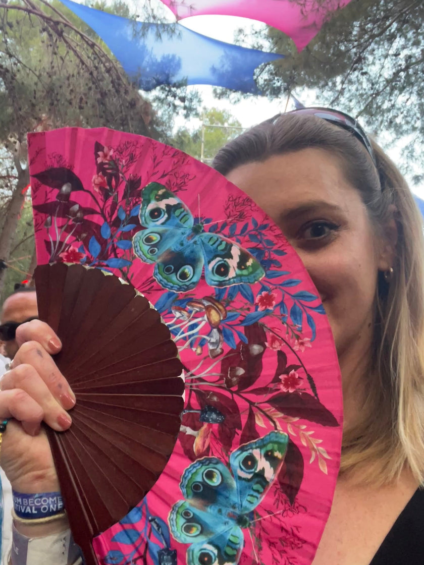Hot pink 'Fuchsia' silk folding hand fan with butterfly and mushroom painted artwork
