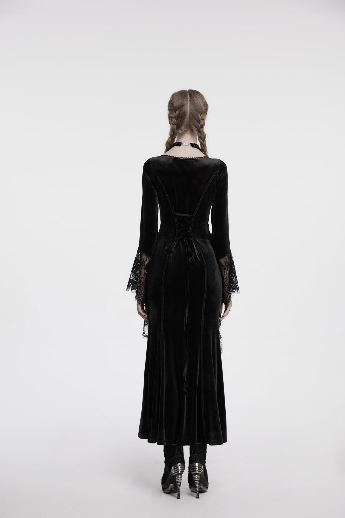 Punk Rave Isolde Velvet Lace Sleeve Dress in Black