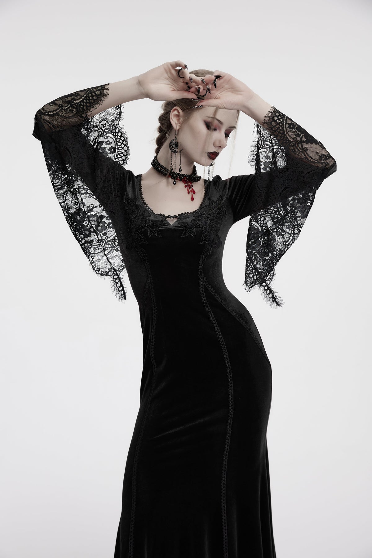 Punk Rave Isolde Velvet Lace Sleeve Dress in Black