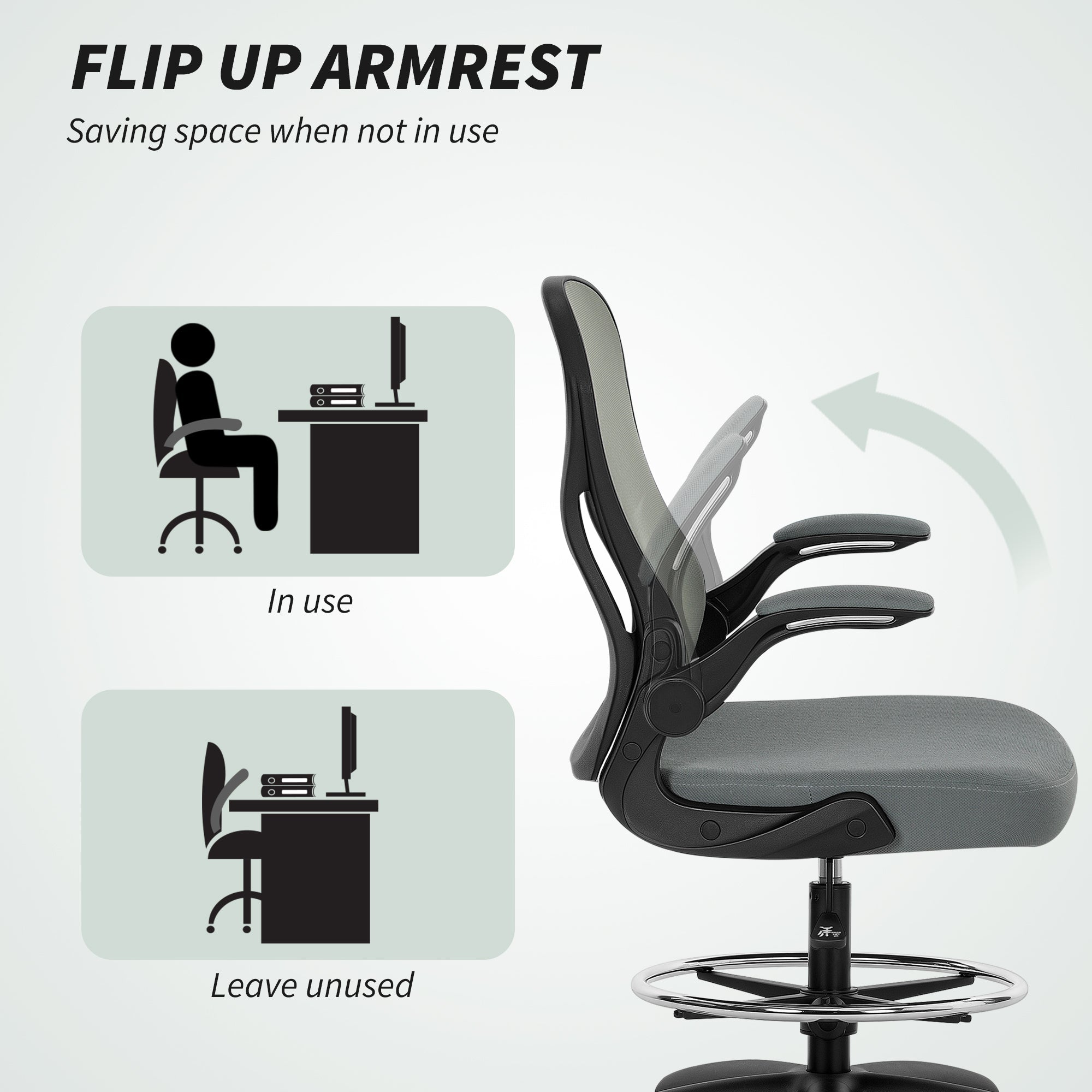 Vinsetto Drafting Chair, Ergonomic Tall Office Chair with Flip-up Armrests, Mesh Back, Lumbar Support, Adjustable Height and Foot Ring, Swivel Wheels, for Standing Desk, Charcoal Grey