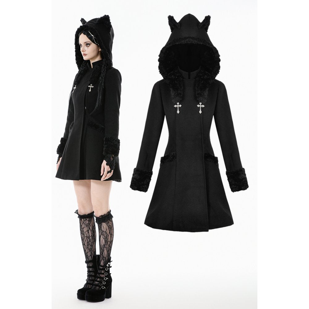 Dark in Love Cat-Ear Faux Fur Trim Gothic Coat