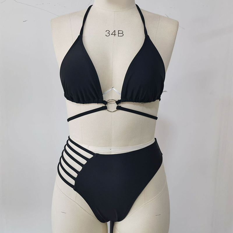 Conjunto de bikini de dos piezas con cuello halter, estampado de leopardo, con aberturas y tirantes, para mujer, ideal para la playa en verano
