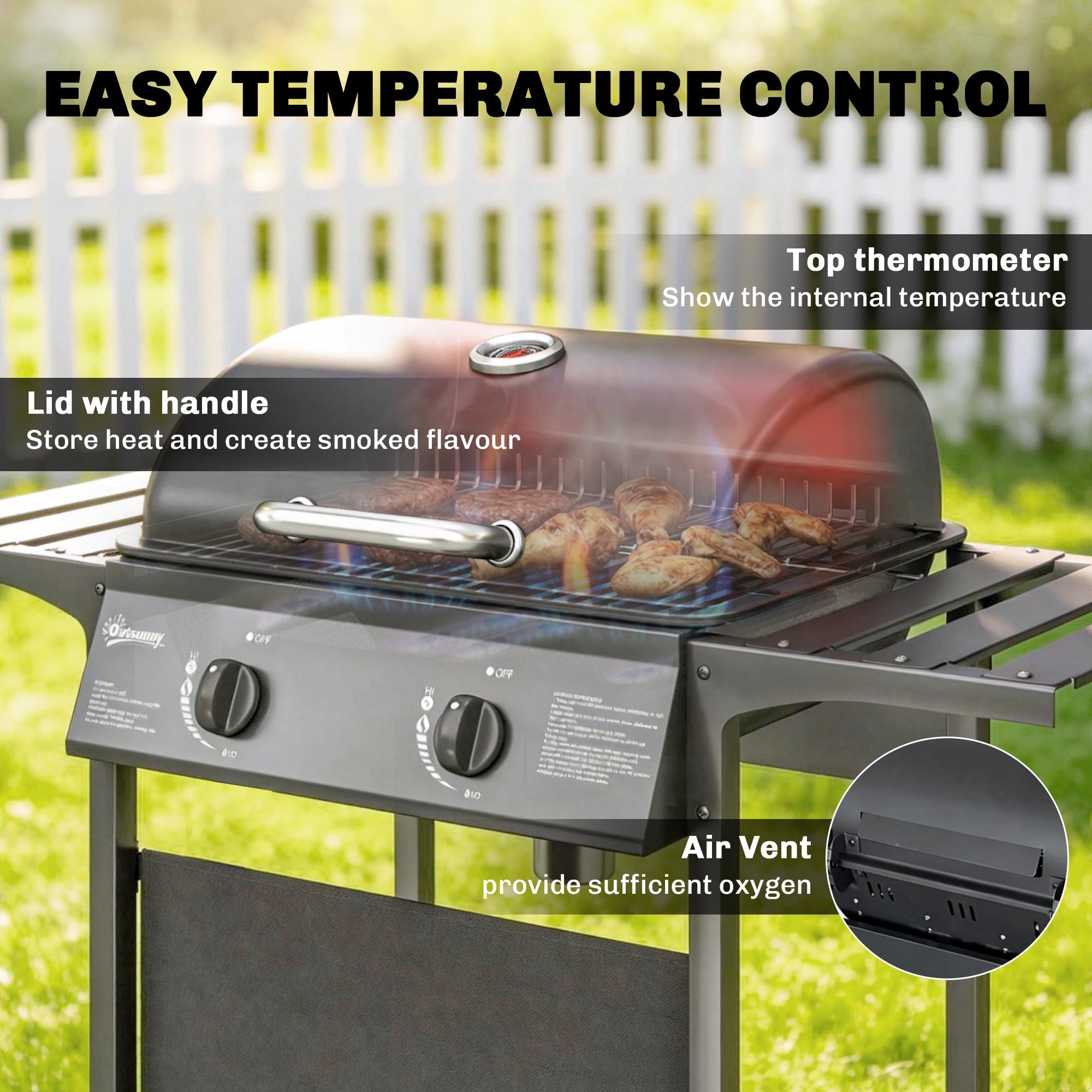 Outsunny Gas Burner Barbecue Grill, 2 Burner Gas Grill with Side Tables, Warming Rack, Shelf, Thermometer, Grease Tray, Black