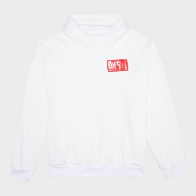 Sweat à capuche blanc et rouge avec écusson à logo effiloché