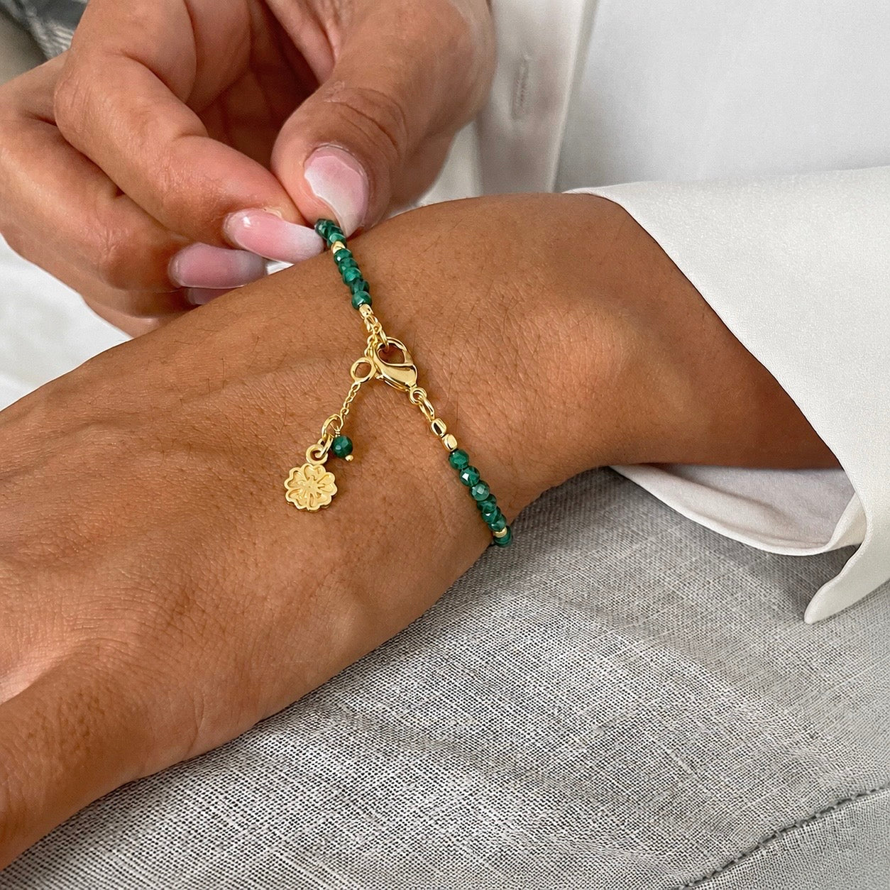 Milos Gemstone and Gold Bead Bracelet Malachite