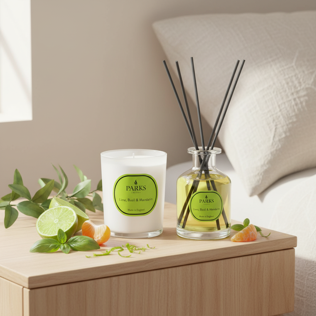 VELA DE LIMA, ALBAHACA Y MANDARINA DE 180 G Y SET DIFUSOR DE 100 ML