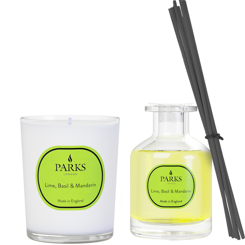 VELA DE LIMA, ALBAHACA Y MANDARINA DE 180 G Y SET DIFUSOR DE 100 ML