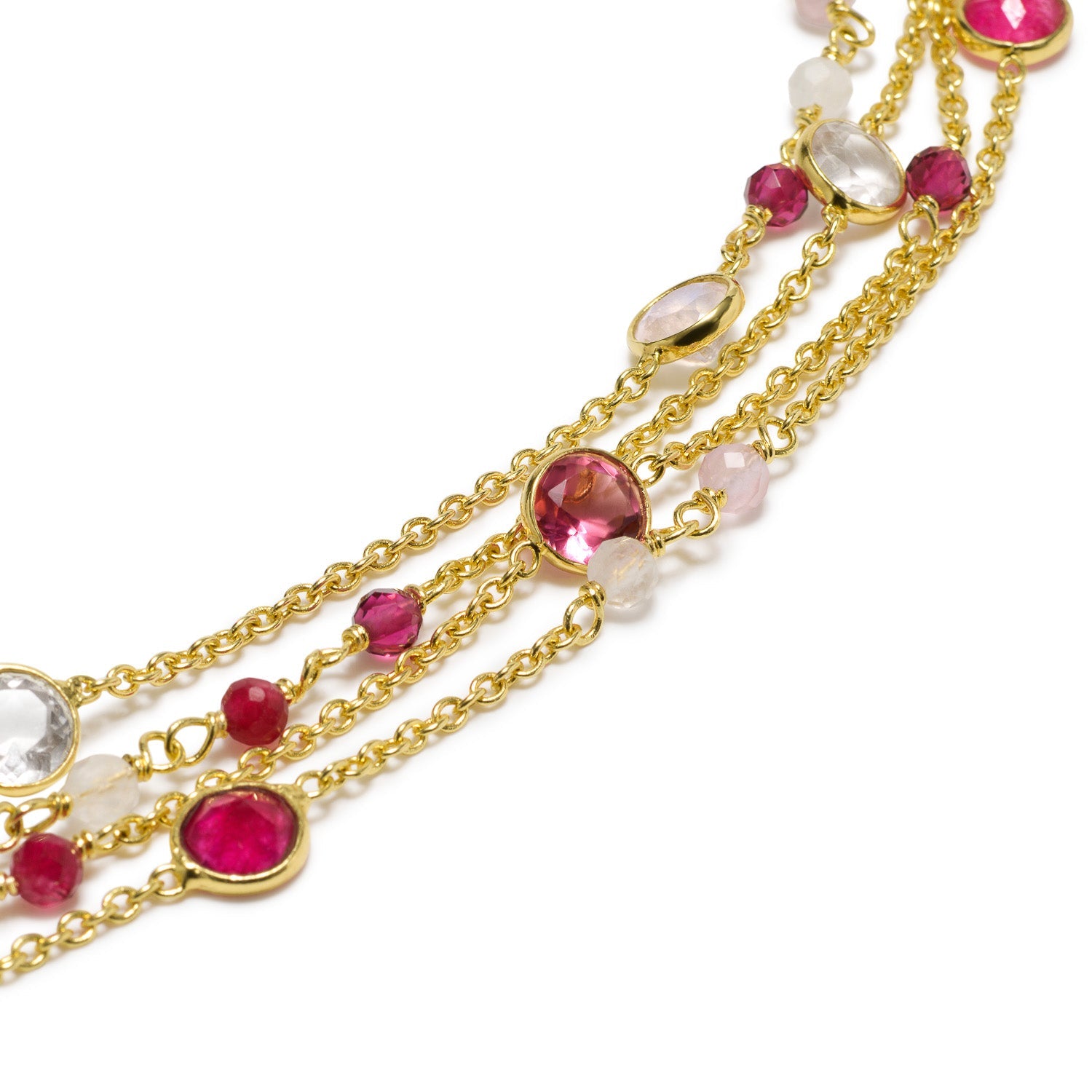 Hydra Multi-Strand Gold Chain and Gemstone Bracelet  Moonstone, Rose Quartz, Pink Jade & Pink Tourmaline
