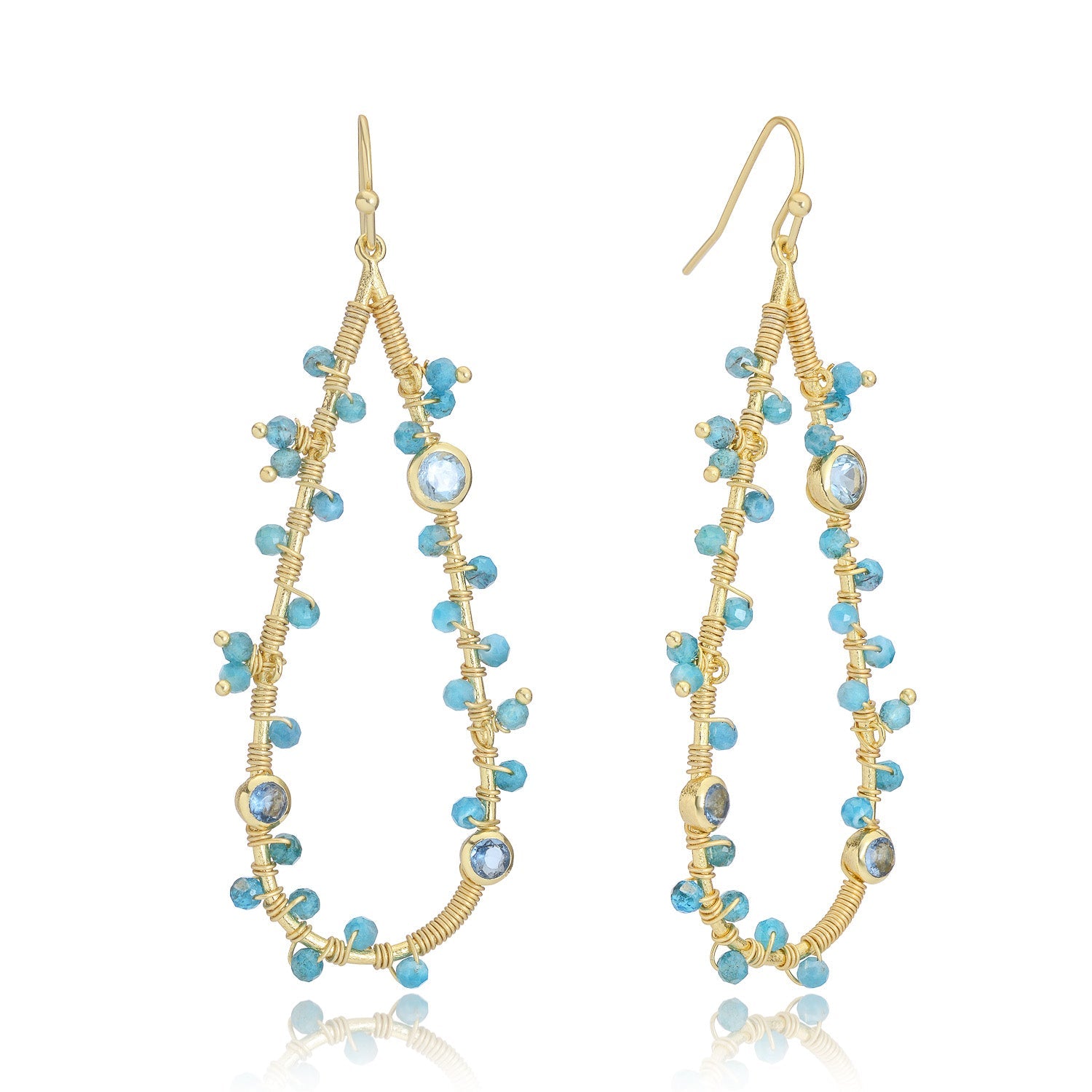 Hydra Large Teardrop Wire-Wrapped Gemstone Earrings Iolite, Blue Topaz & Apatite