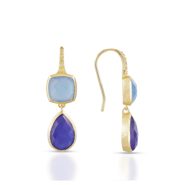 Charis Double Gemstone Earrings Blue Chalcedony & Blue Jade