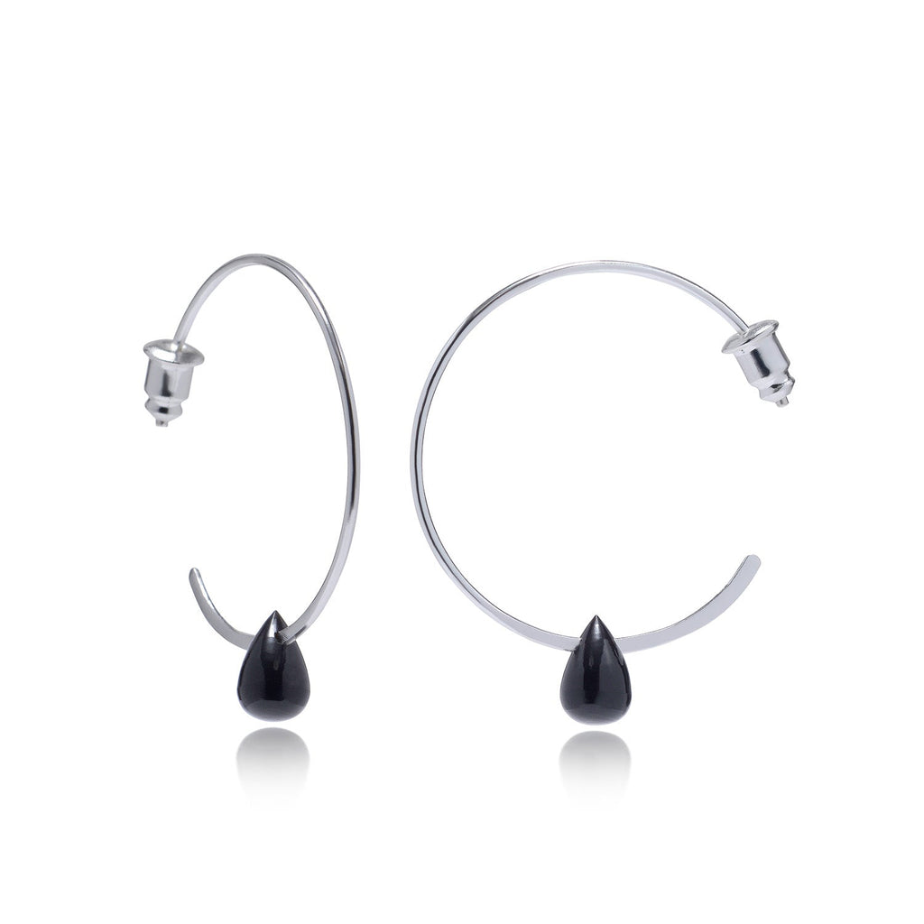 Hera Wire Hoop Earrings with Teardrop Stone: Silver Black Onyx
