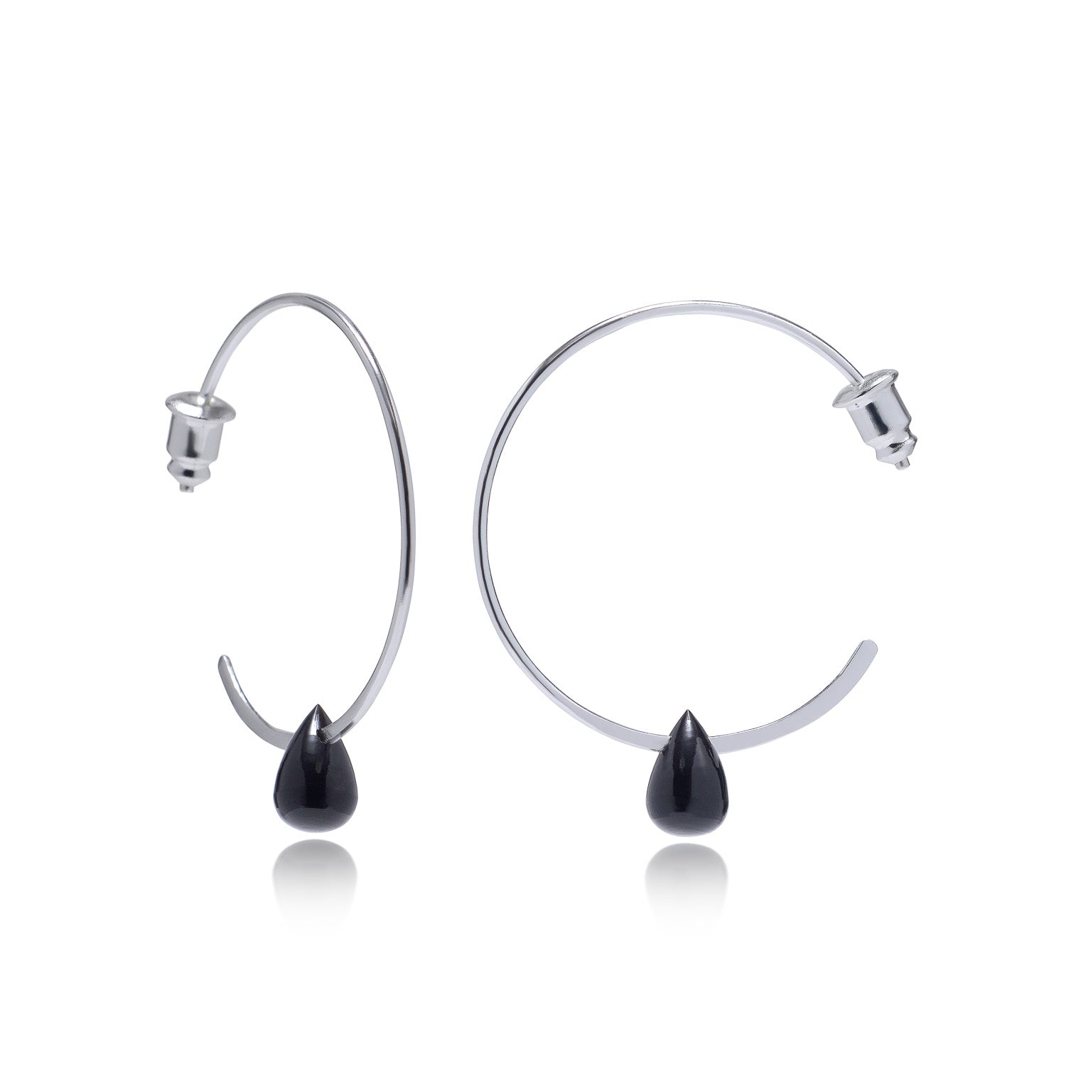 Hera Wire Hoop Earrings with Teardrop Stone: Silver Black Onyx