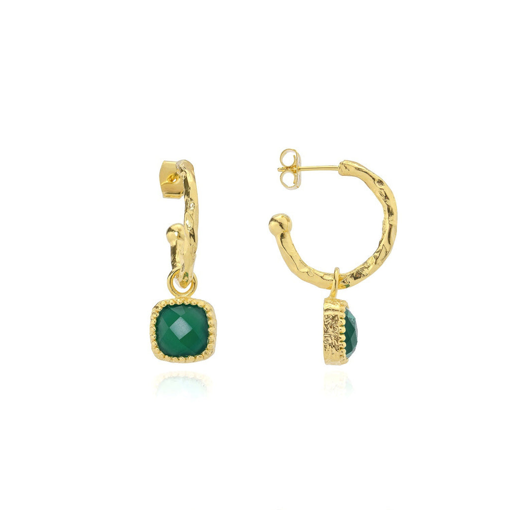 Tetra Square Gemtone Charm Hoops: Green Onyx
