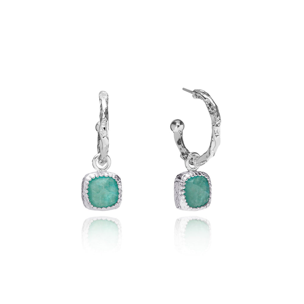 Tetra Square Gemstone Charm Hoops Silver Amazonite